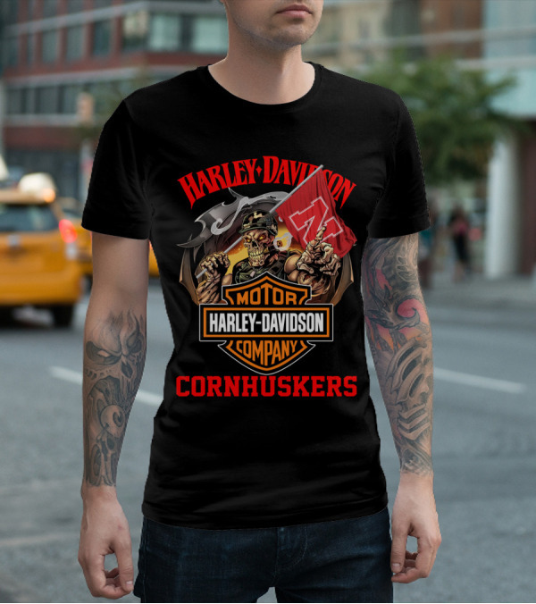 Harley Davidson Company Cornhuskers Skeleton With Nebraska Flag T-Shirt