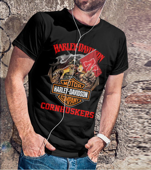 Harley Davidson Company Cornhuskers Skeleton With Nebraska Flag T-Shirt