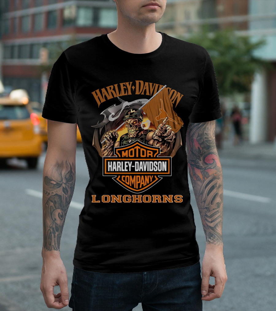 Harley Davidson Motor Company Longhorns Texas Skeleton Flag T-Shirt