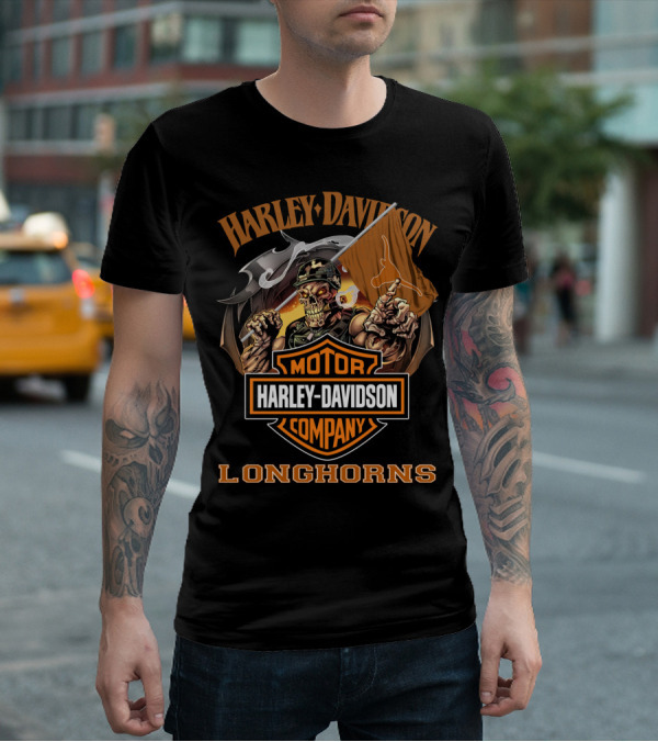 Harley Davidson Motor Company Longhorns Texas Skeleton Flag T-Shirt