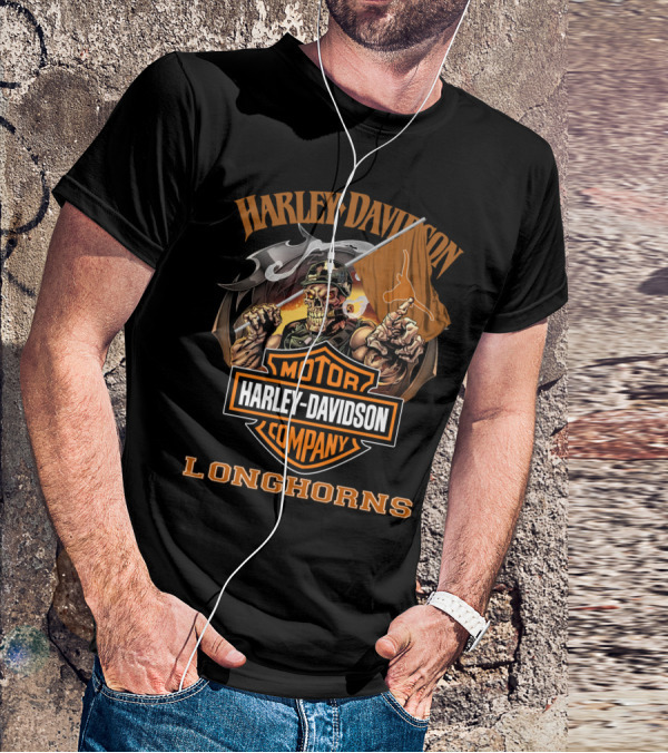 Harley Davidson Motor Company Longhorns Texas Skeleton Flag T-Shirt