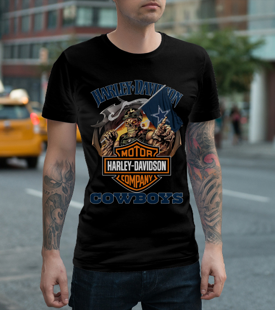 Harley Davidson Motor Company Cowboys Dallas Flag Skeleton T-Shirt