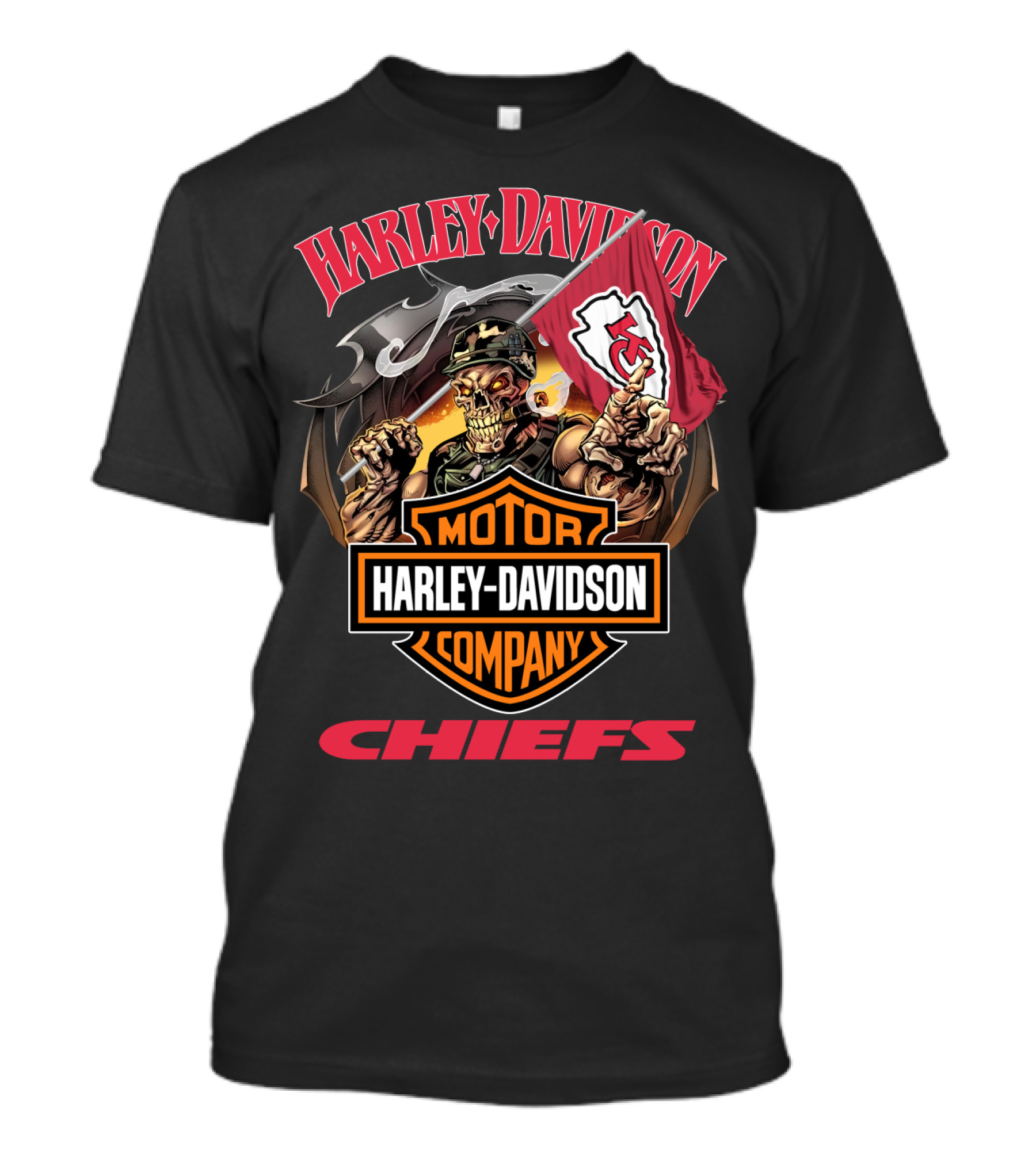 Harley Davidson Company Chiefs Kansas City Flag Skeleton Rider T-Shirt