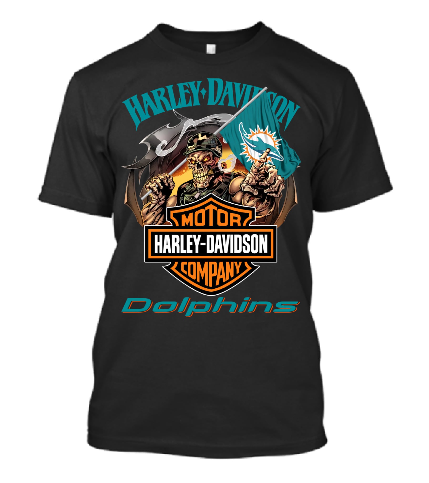 Harley Davidson Miami Dolphins Skeleton Holding Flag T-Shirt
