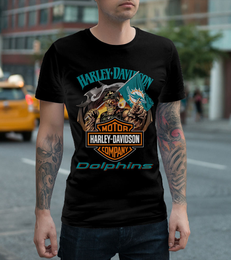 Harley Davidson Miami Dolphins Skeleton Holding Flag T-Shirt