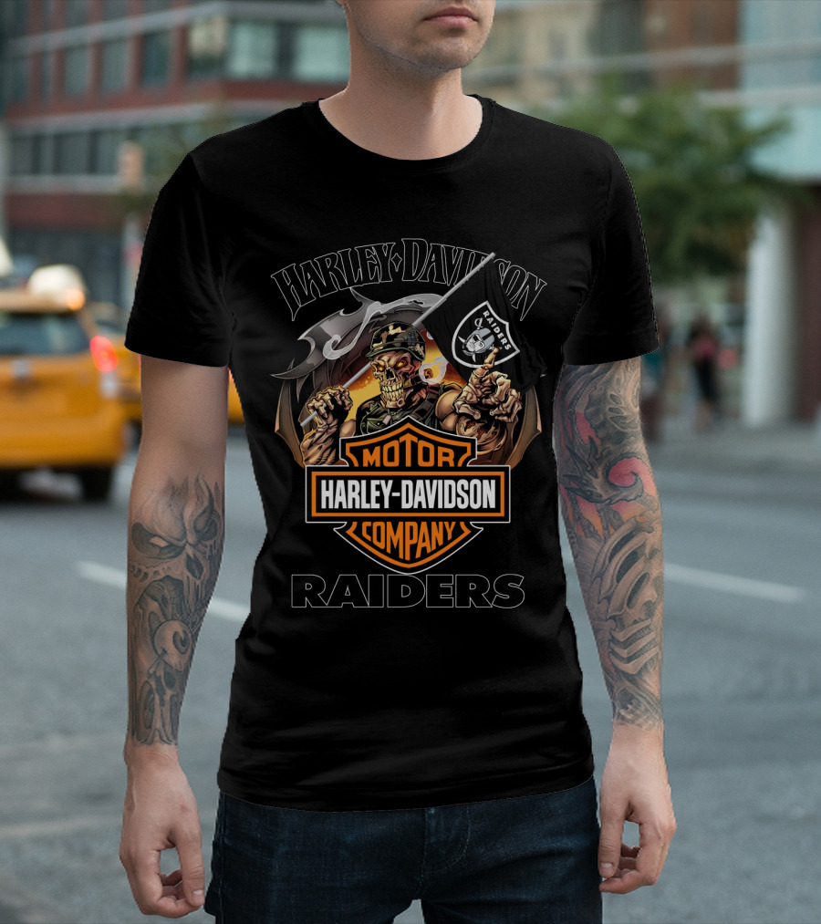 Harley Davidson Raiders Skeleton Holding Flag T-Shirt