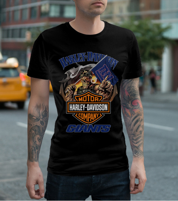 Harley Davidson Motor Company Giants Flag Skeleton Rider T-Shirt