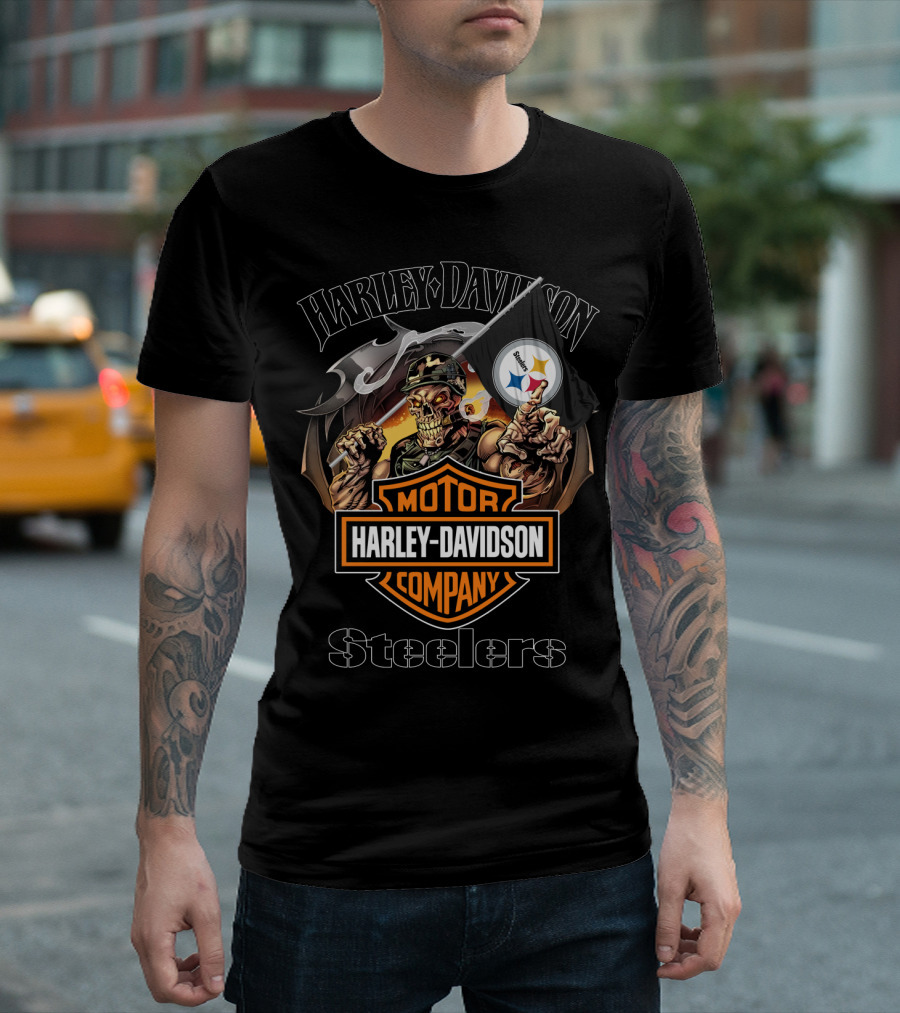 Harley Davidson Company Steelers Skull Holding Pittsburgh Flag T-Shirt