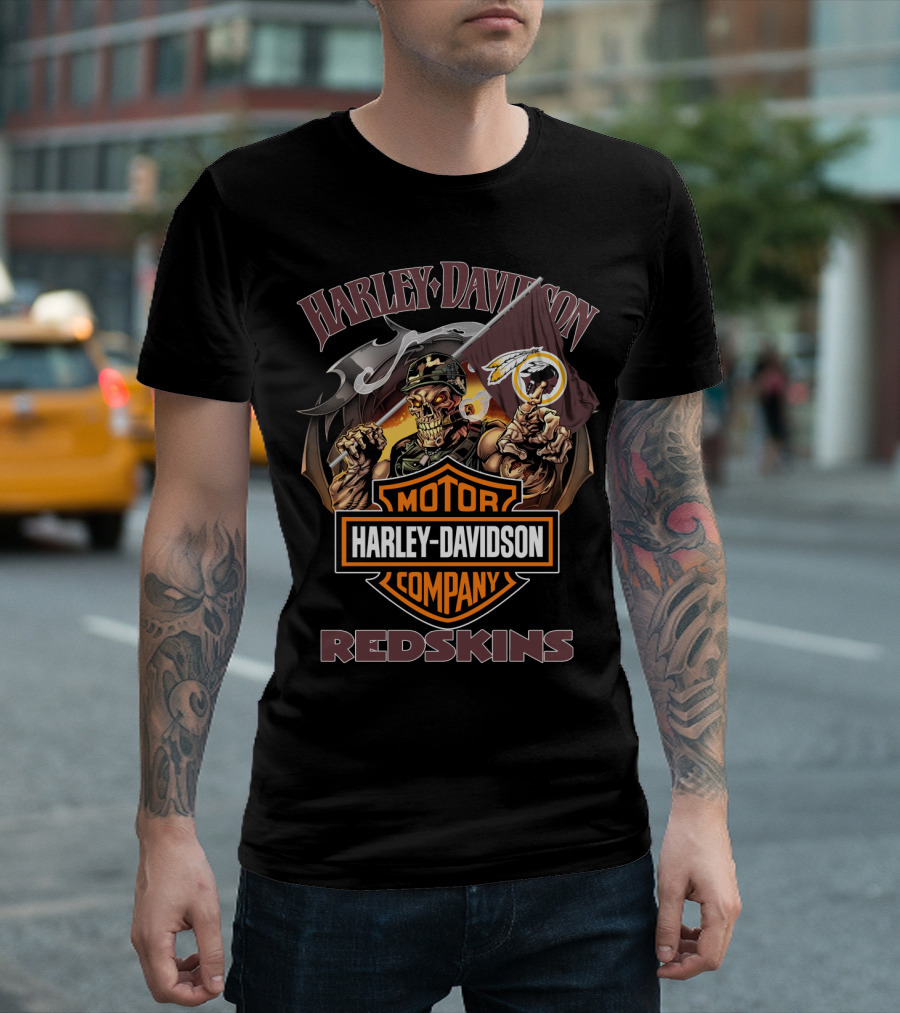Harley Davidson Redskins Skeleton Holding Flag T-Shirt