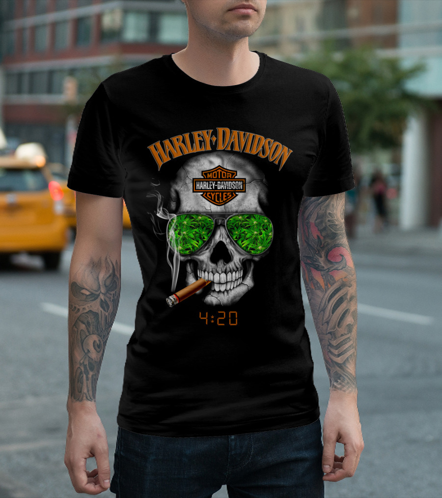 Harley Davidson Skull 4:20 With Cigar And Green Leaf Sunglasses T-Shirt