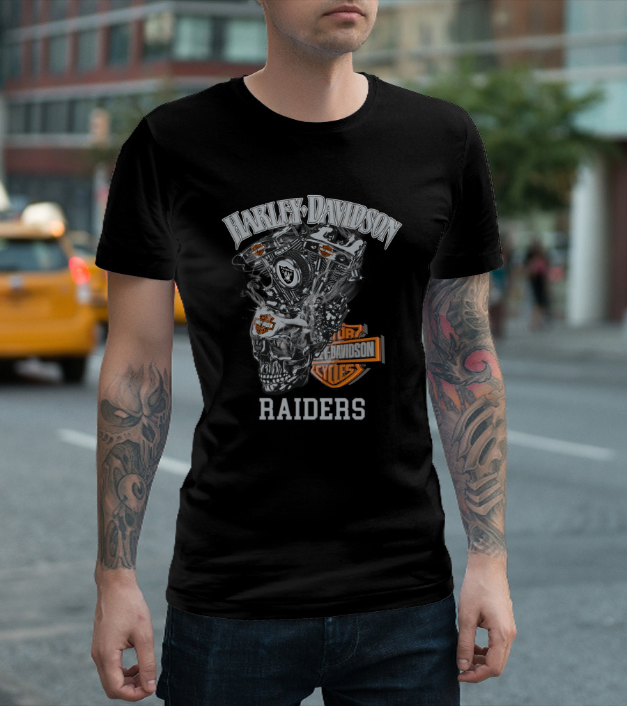Harley Davidson Raiders Skull Engine Art With Oakland Theme T-Shirt