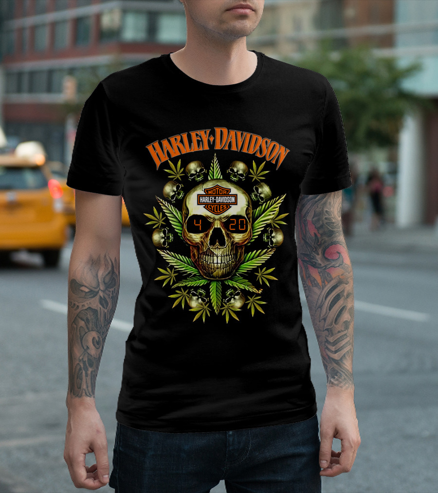 Harley Davidson Skull 420 Motor Cycles Leaf Skulls T-Shirt