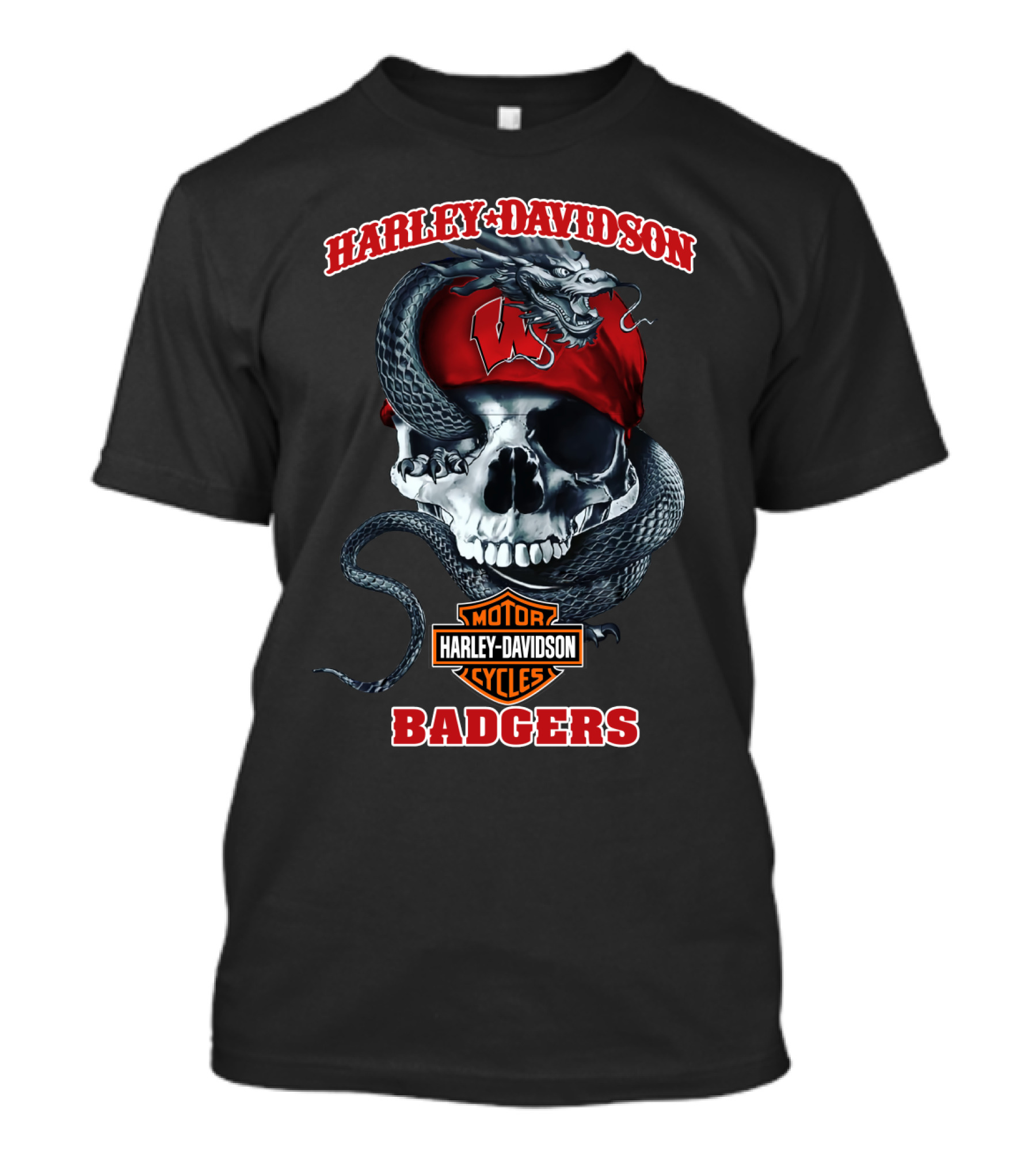 Harley Davidson Wisconsin Badgers Skull Snake Motor Cycles T-Shirt