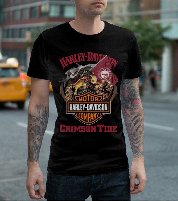 Harley Davidson Motor Company Crimson Tide Alabama Flag Skeleton T-Shirt