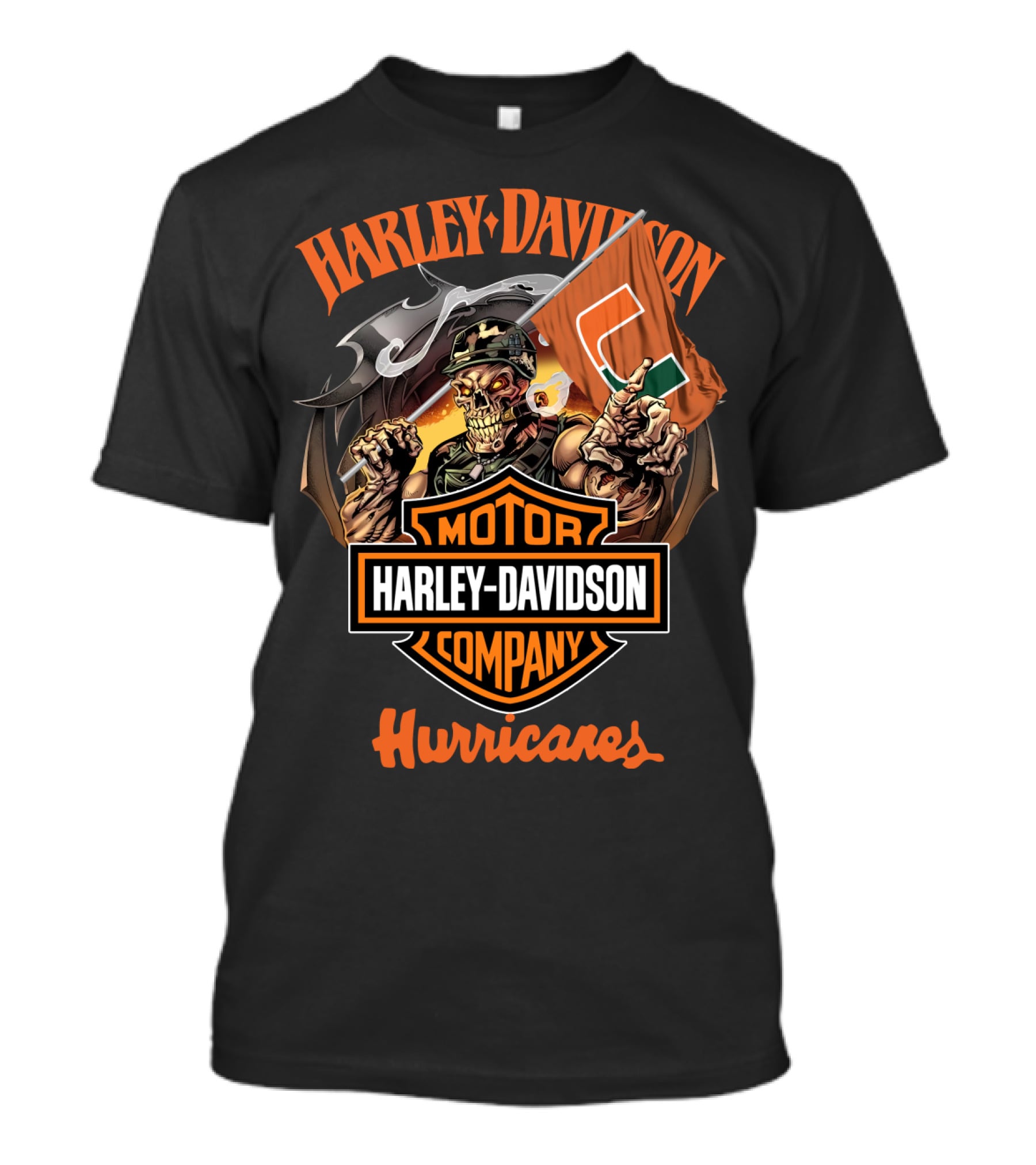 Harley Davidson Motor Company Miami Hurricanes Skeleton Flag T-Shirt