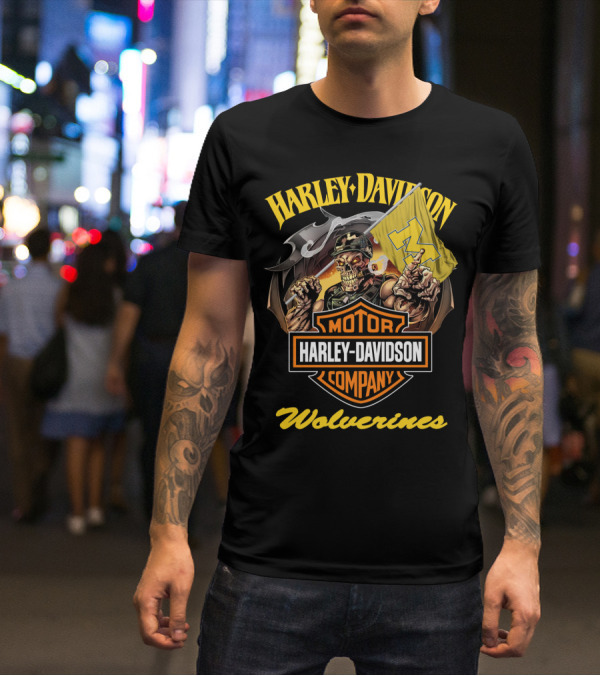 Harley Davidson Motor Company Michigan Wolverines 69 Flag Skeleton T-Shirt