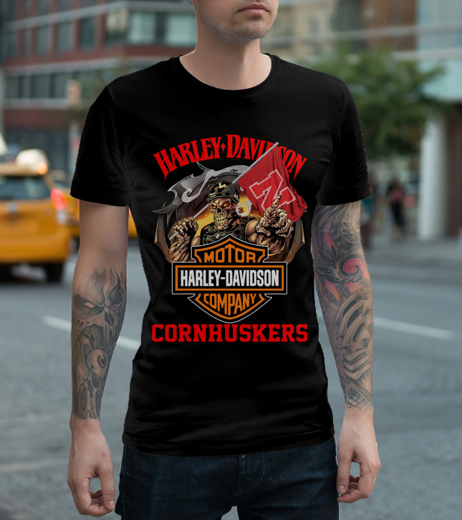 Harley Davidson Motor Company Cornhuskers Nebraska Skeleton Flag T-Shirt