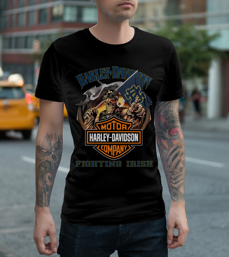 Harley Davidson Company Fighting Irish Notre Dame Flag Skeleton Rider T-Shirt