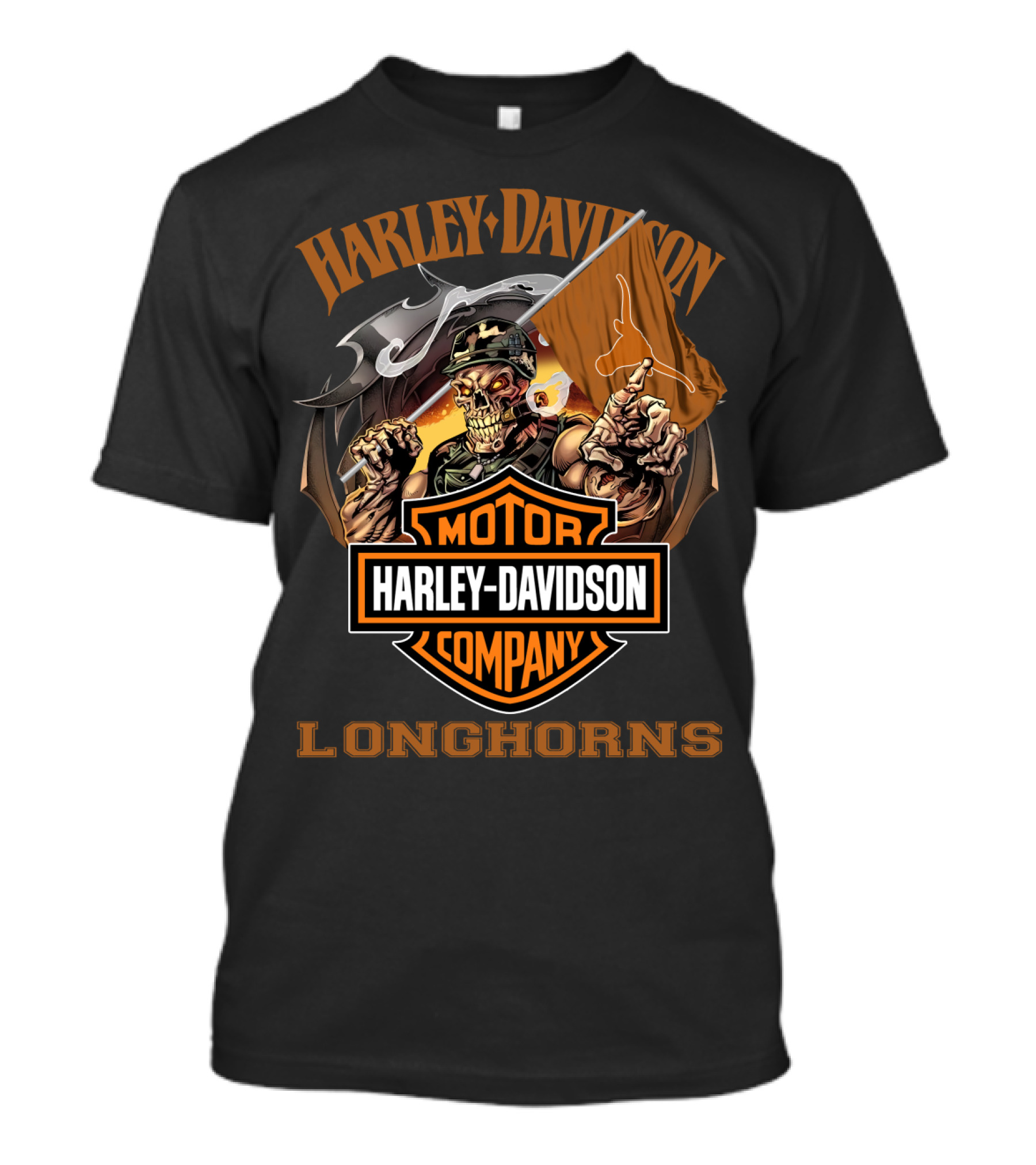 Harley Davidson Longhorns Skeleton With Flag Motor Company T-Shirt