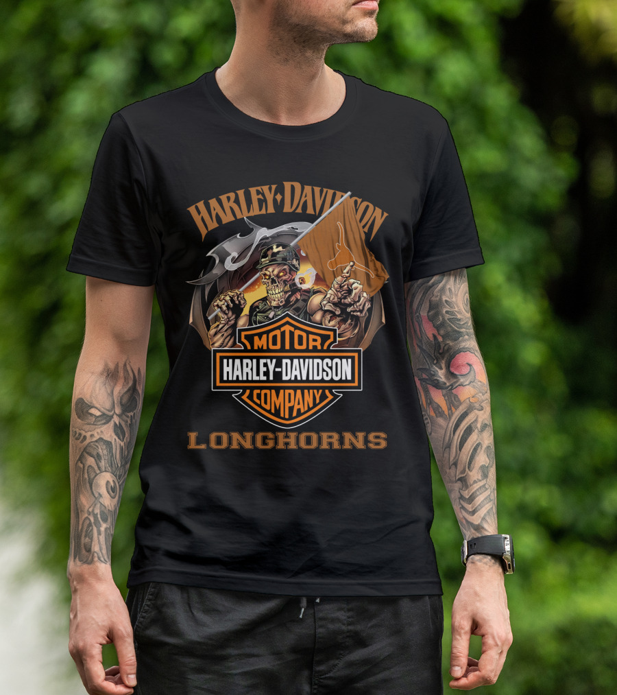 Harley Davidson Longhorns Skeleton With Flag Motor Company T-Shirt