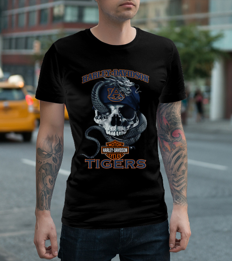 Harley Davidson Motor Cycles Auburn Tigers Skull Serpent T-Shirt