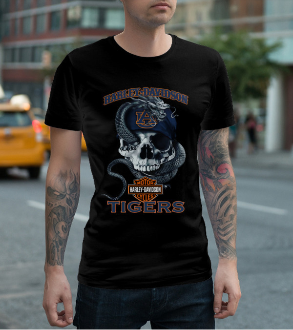 Harley Davidson Motor Cycles Auburn Tigers Skull Serpent T-Shirt