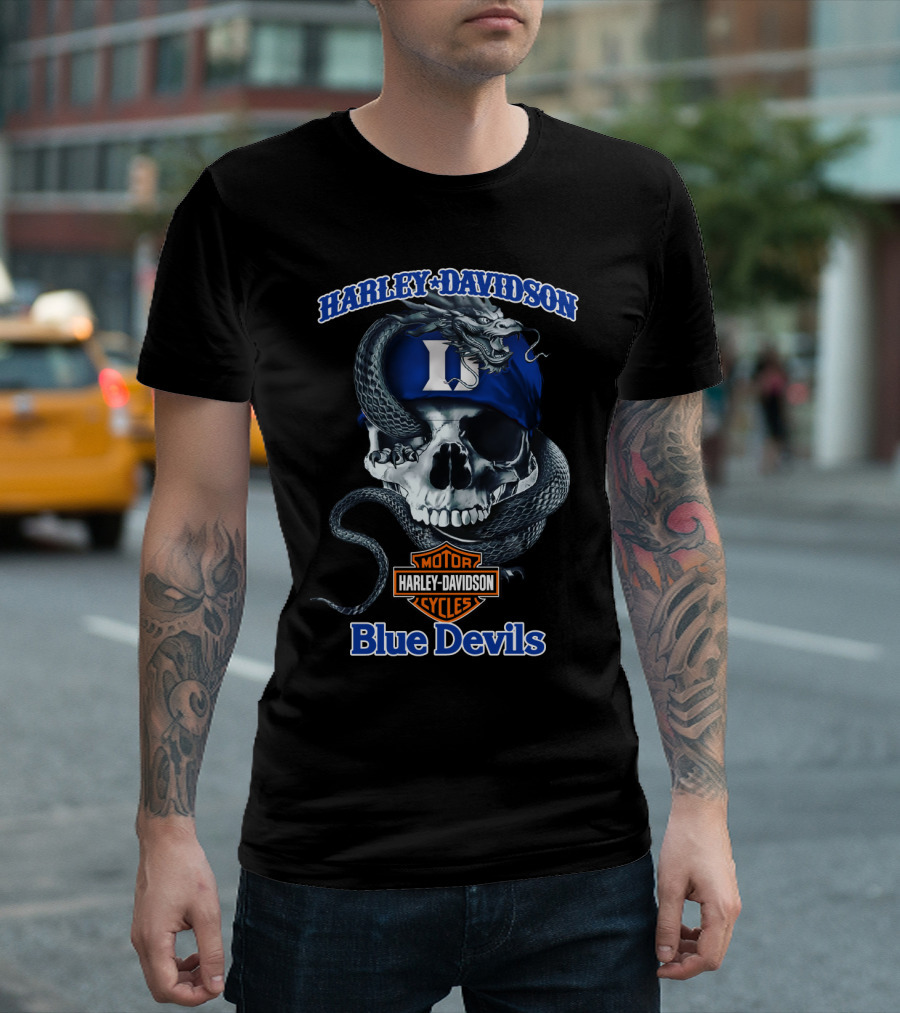 Harley Davidson Blue Devils Skull With Snake And Motor T-Shirt