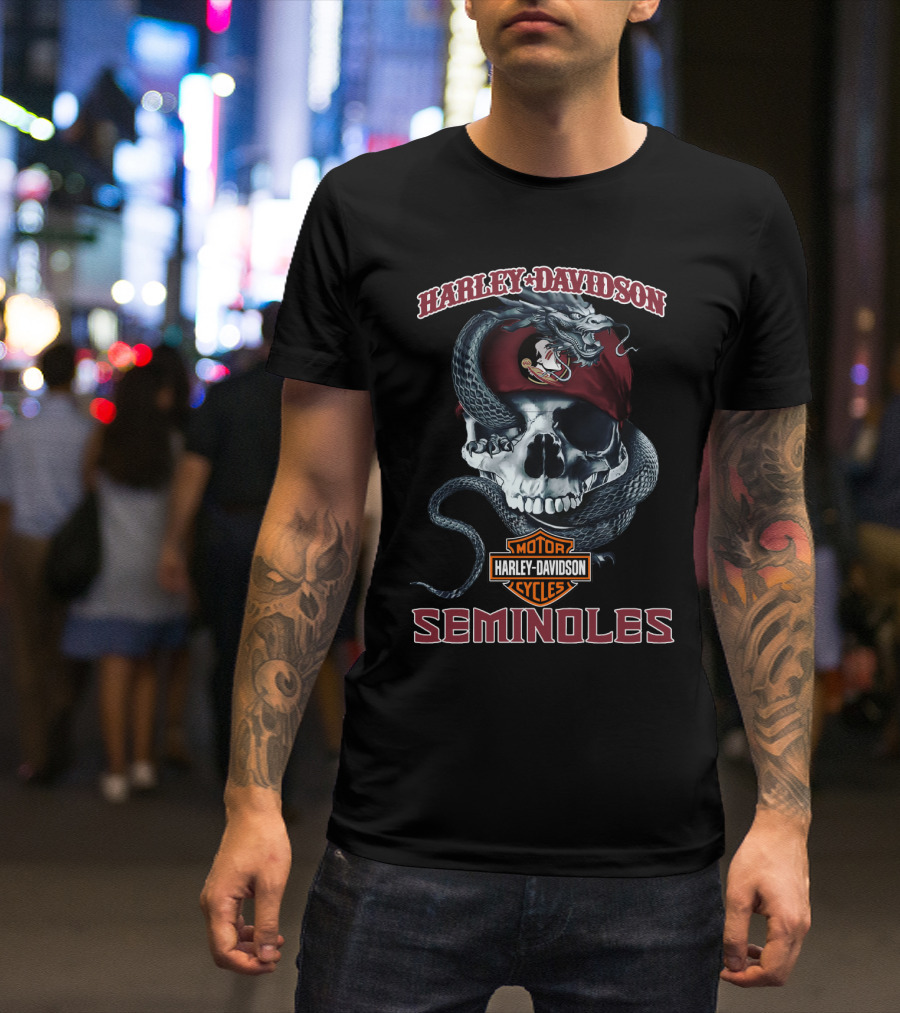 Harley Davidson Motor Cycles Seminoles Skull Snake T-Shirt