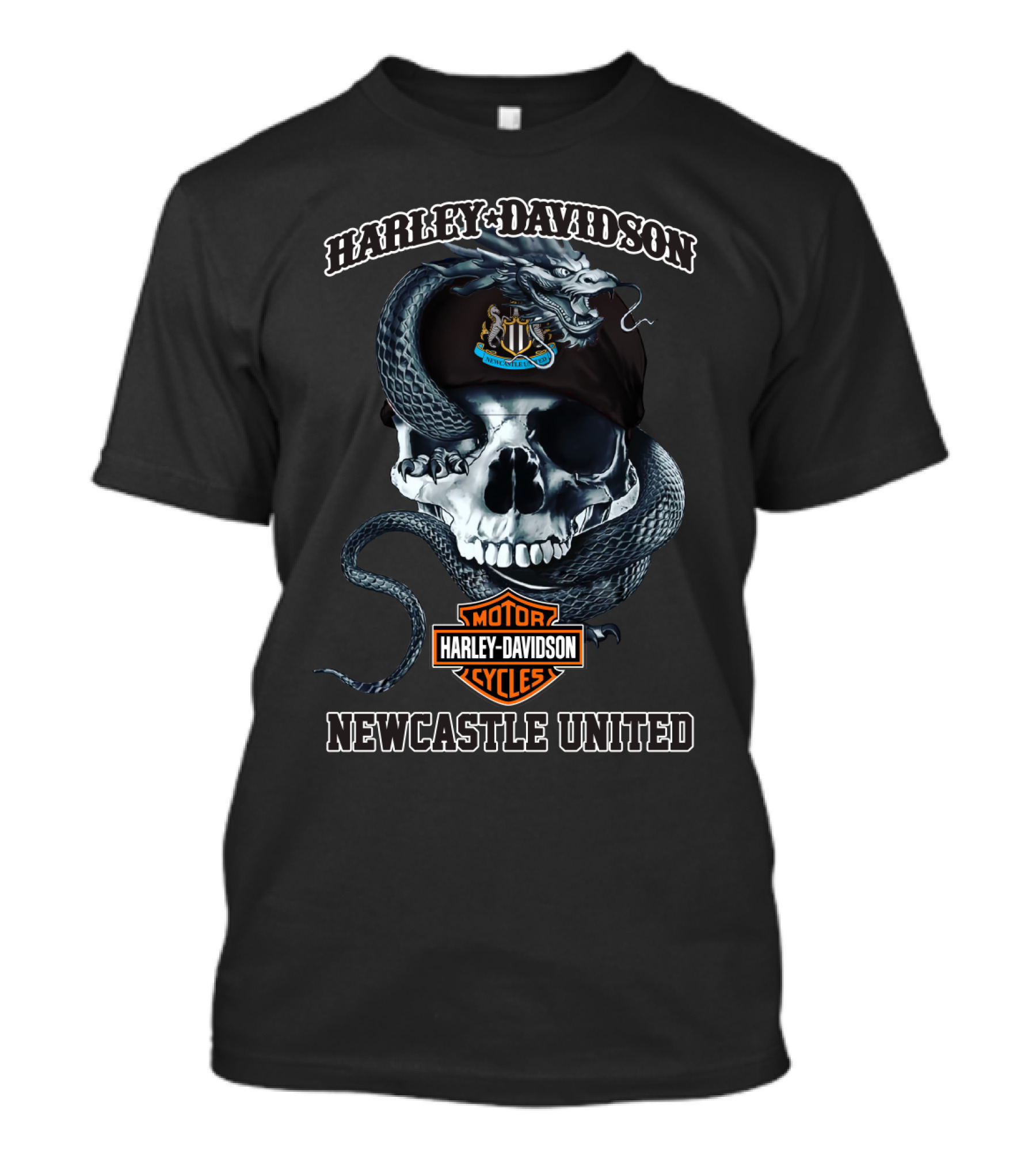 Harley Davidson Skull With Newcastle United And Snake T-Shirt
