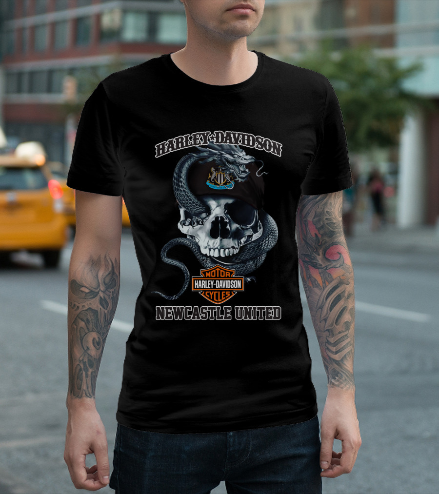 Harley Davidson Skull With Newcastle United And Snake T-Shirt