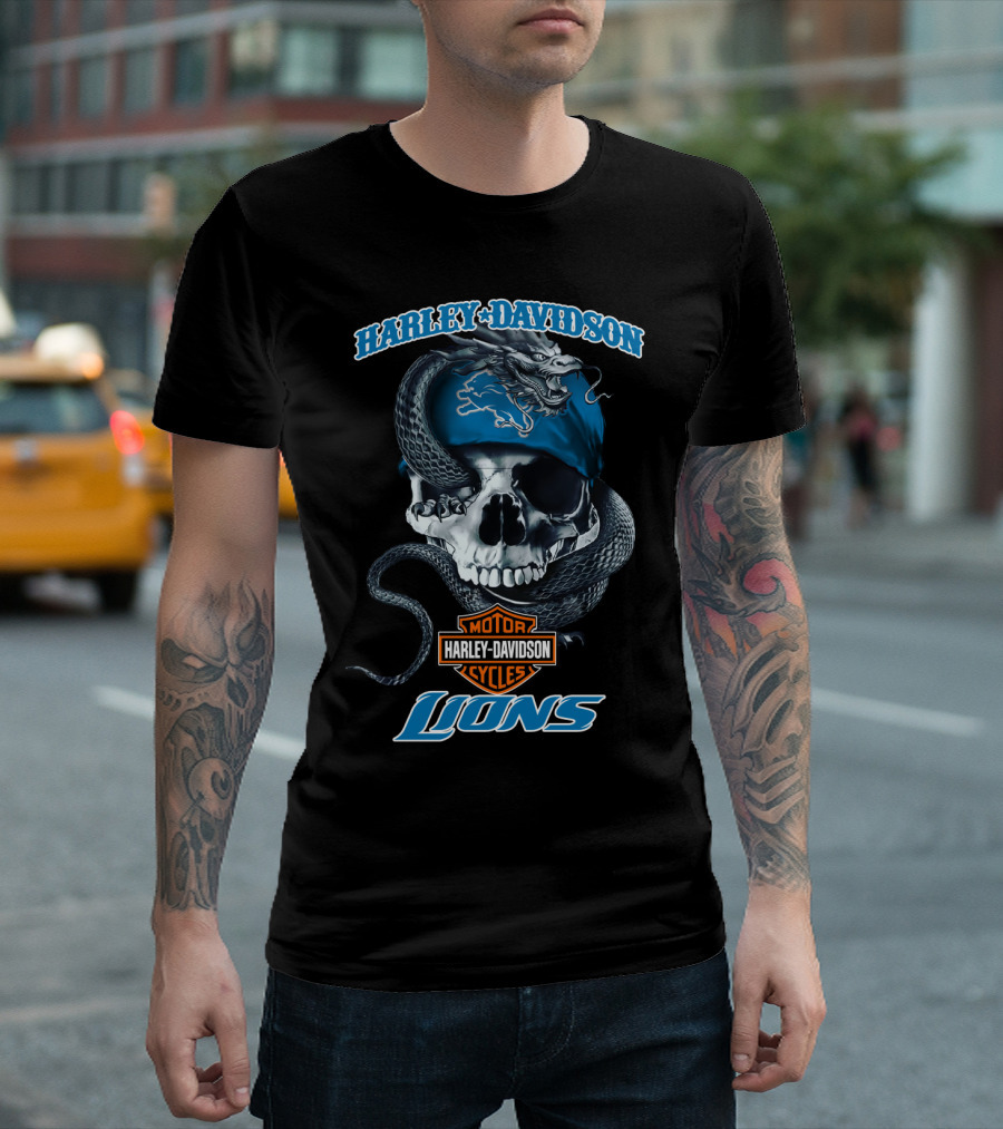Harley Davidson Motor Cycles Detroit Lions Snake Skull T-Shirt