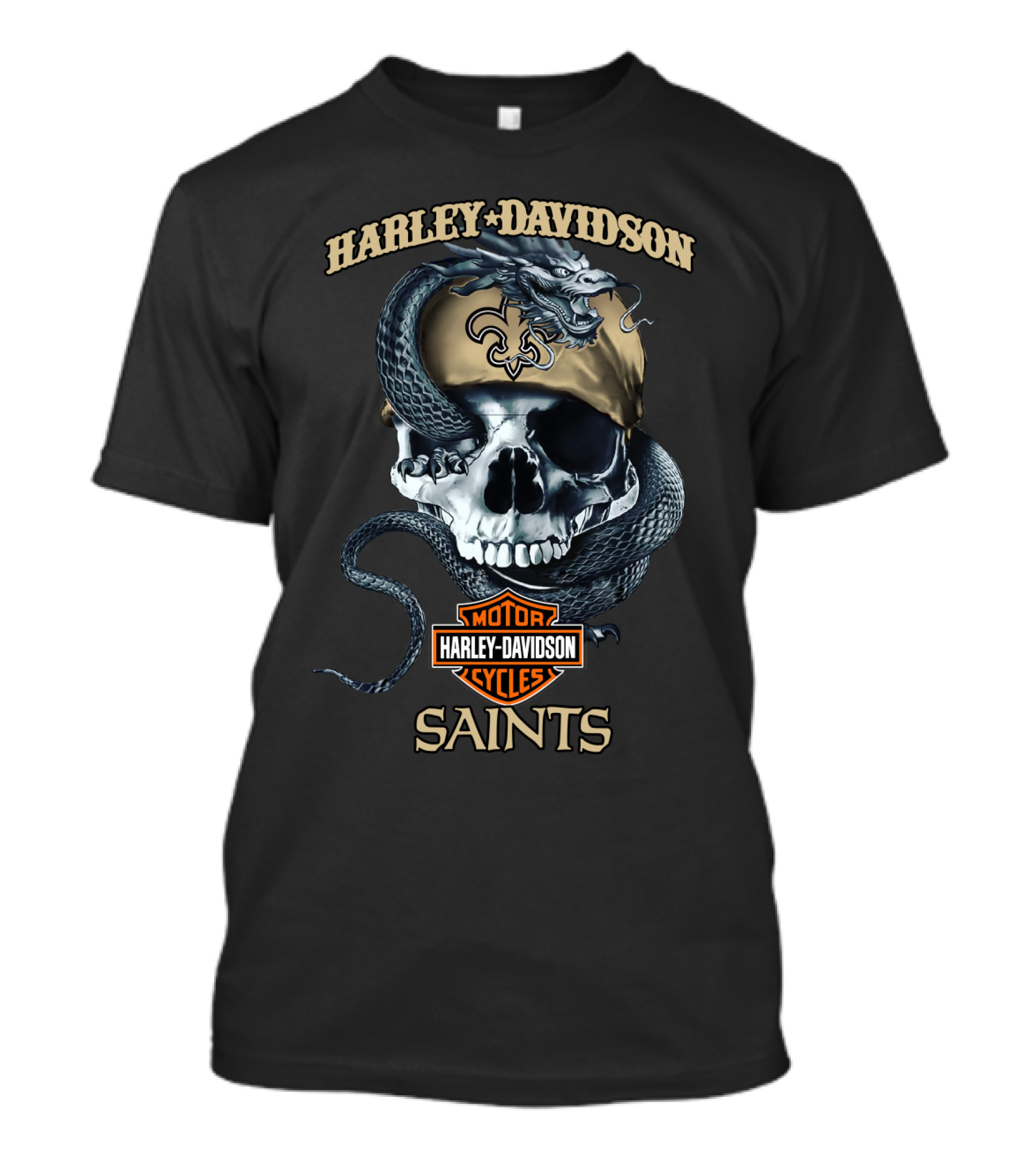 Harley Davidson Motor Cycles Skull Snake New Orleans Saints T-Shirt