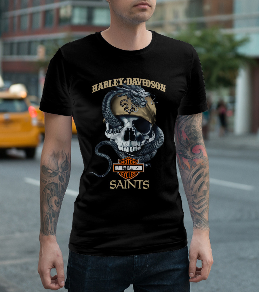 Harley Davidson Motor Cycles Skull Snake New Orleans Saints T-Shirt