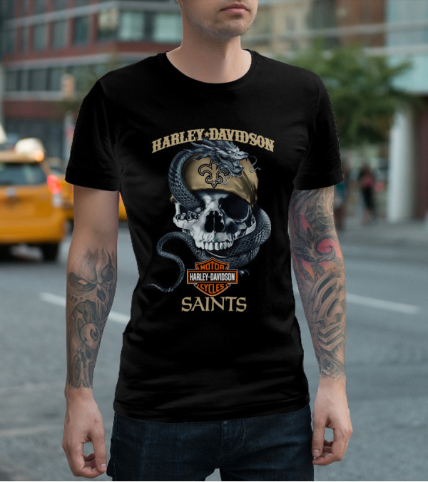 Harley Davidson Motor Cycles Skull Snake New Orleans Saints T-Shirt