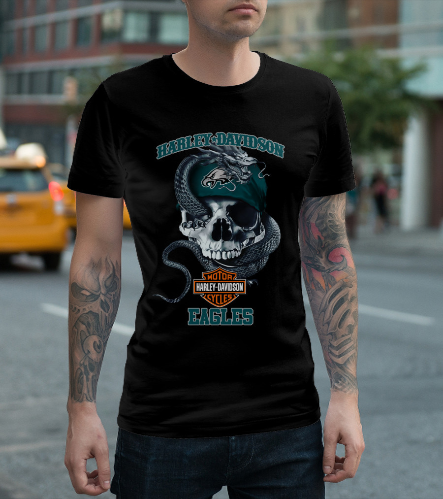Harley Davidson Motor Cycles Philadelphia Eagles Skull Snake T-Shirt