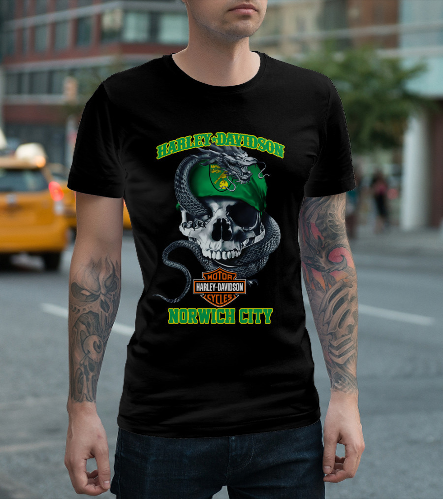 Harley Davidson Motor Cycles Skull Snake Norwich City T-Shirt