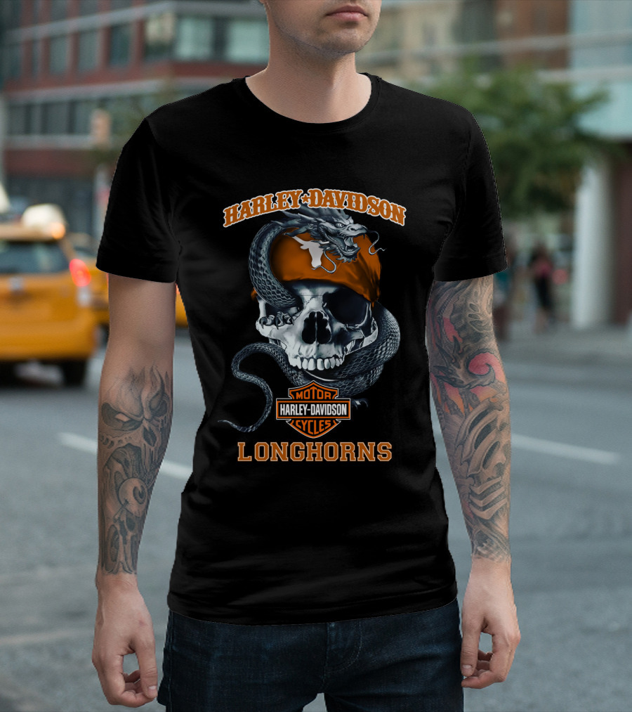 Harley Davidson Texas Longhorns Skull And Snake Motorcycle Cycles T-Shirt