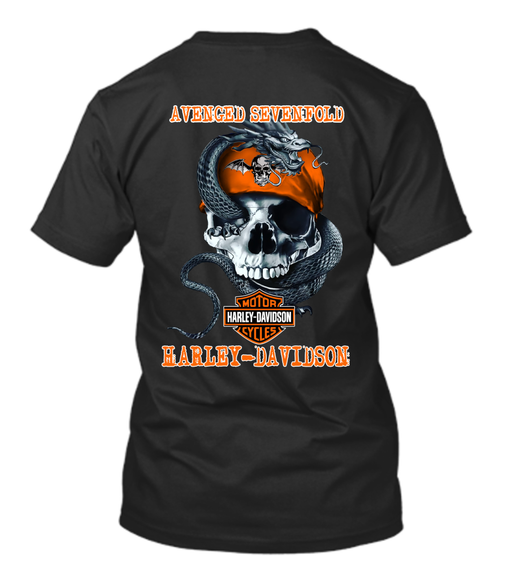 Avenged Sevenfold Harley Davidson Motorcycles Skull With Snake And Orange Bandana T-Shirt