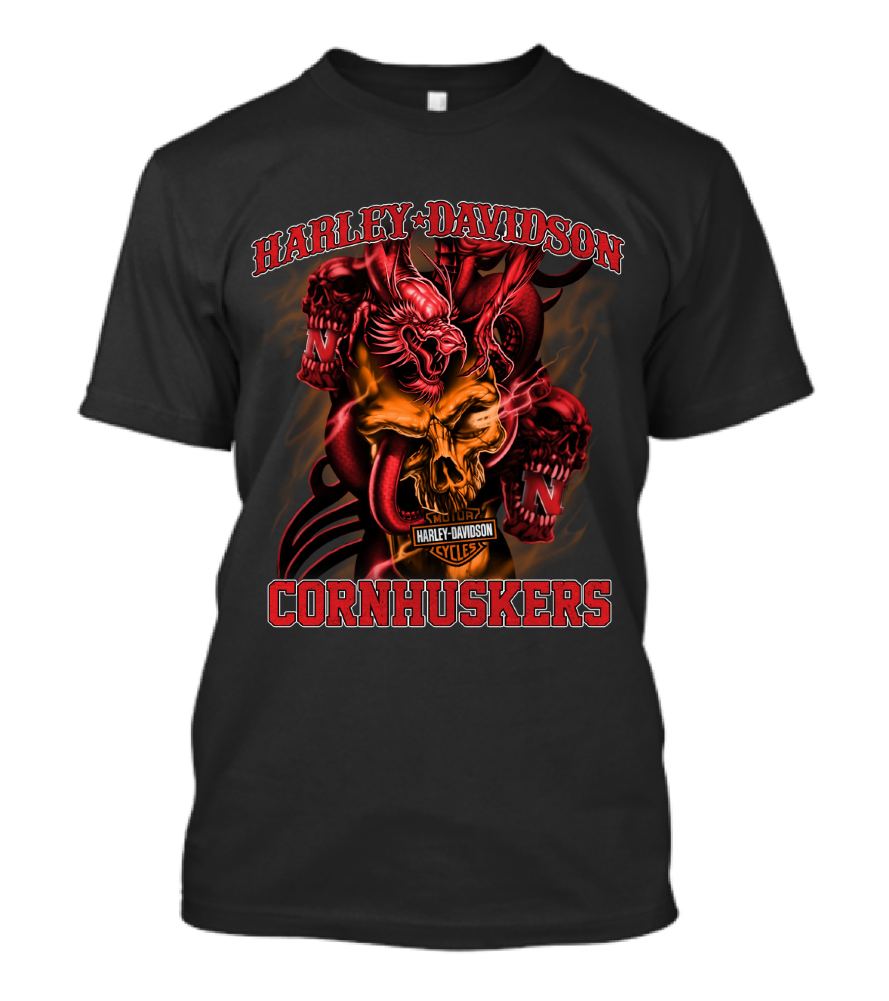 Harley Davidson Cornhuskers Nebraska N Cyclones Fire Skull T-Shirt
