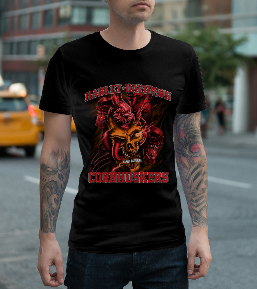 Harley Davidson Cornhuskers Skull And Dragon T-Shirt