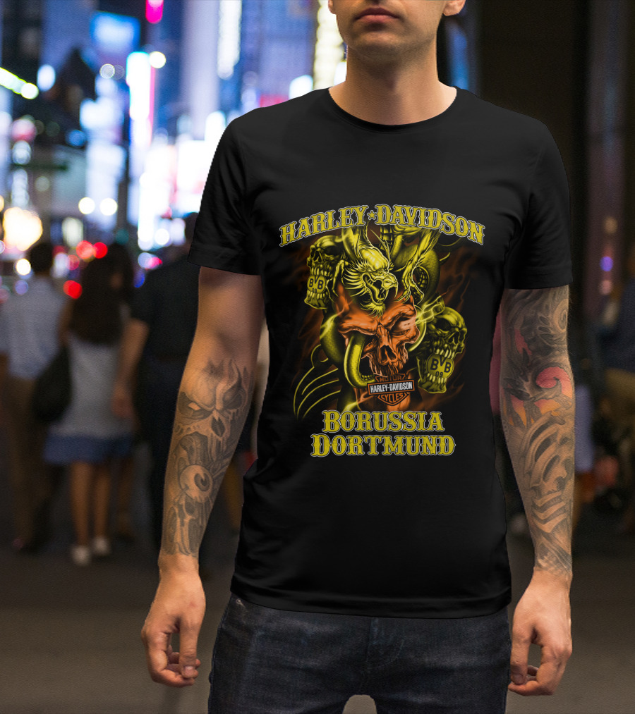 Harley Davidson Borussia Dortmund Cycles Bvb Skulls And Eagle T-Shirt