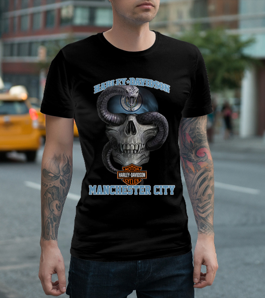 Harley Davidson Motorcycles Manchester City Skull And Snake T-Shirt