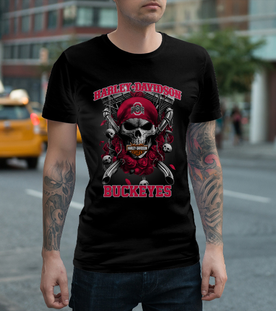 Harley Davidson Ohio State Buckeyes Skull Roses Motorcycles T-Shirt