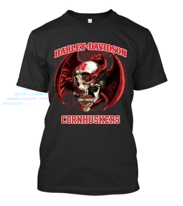 Harley Davidson Cornhuskers Skull With Red Dragon Wings T-Shirt
