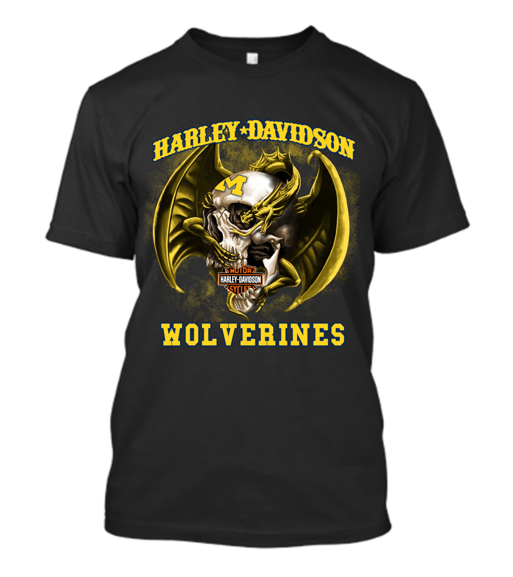 Harley Davidson Michigan Wolverines Skull With Dragon And Motor Cycles T-Shirt