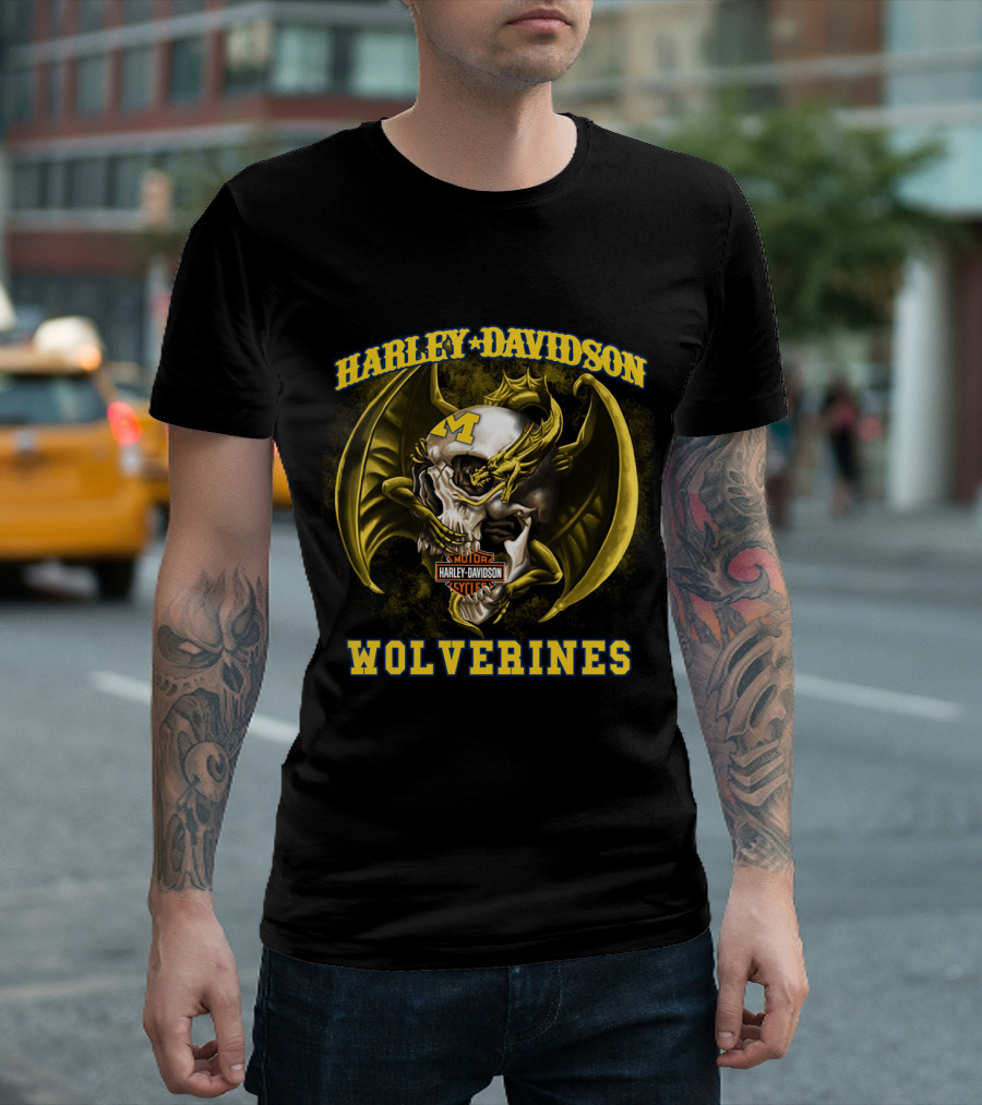 Harley Davidson Michigan Wolverines Skull With Dragon And Motor Cycles T-Shirt