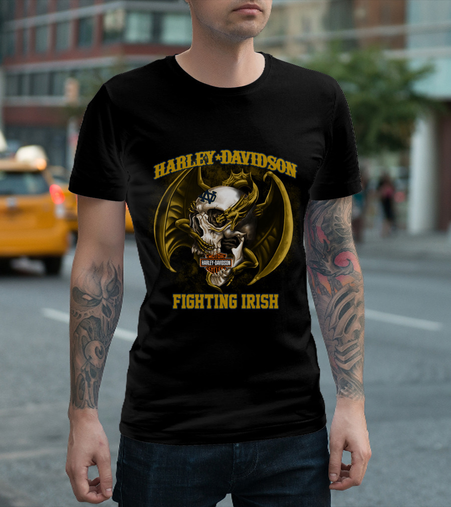 Harley Davidson Notre Dame Fighting Irish Skull And Wings T-Shirt