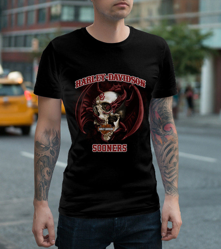 Harley Davidson Sooners Skull With Wings And Oklahoma T-Shirt