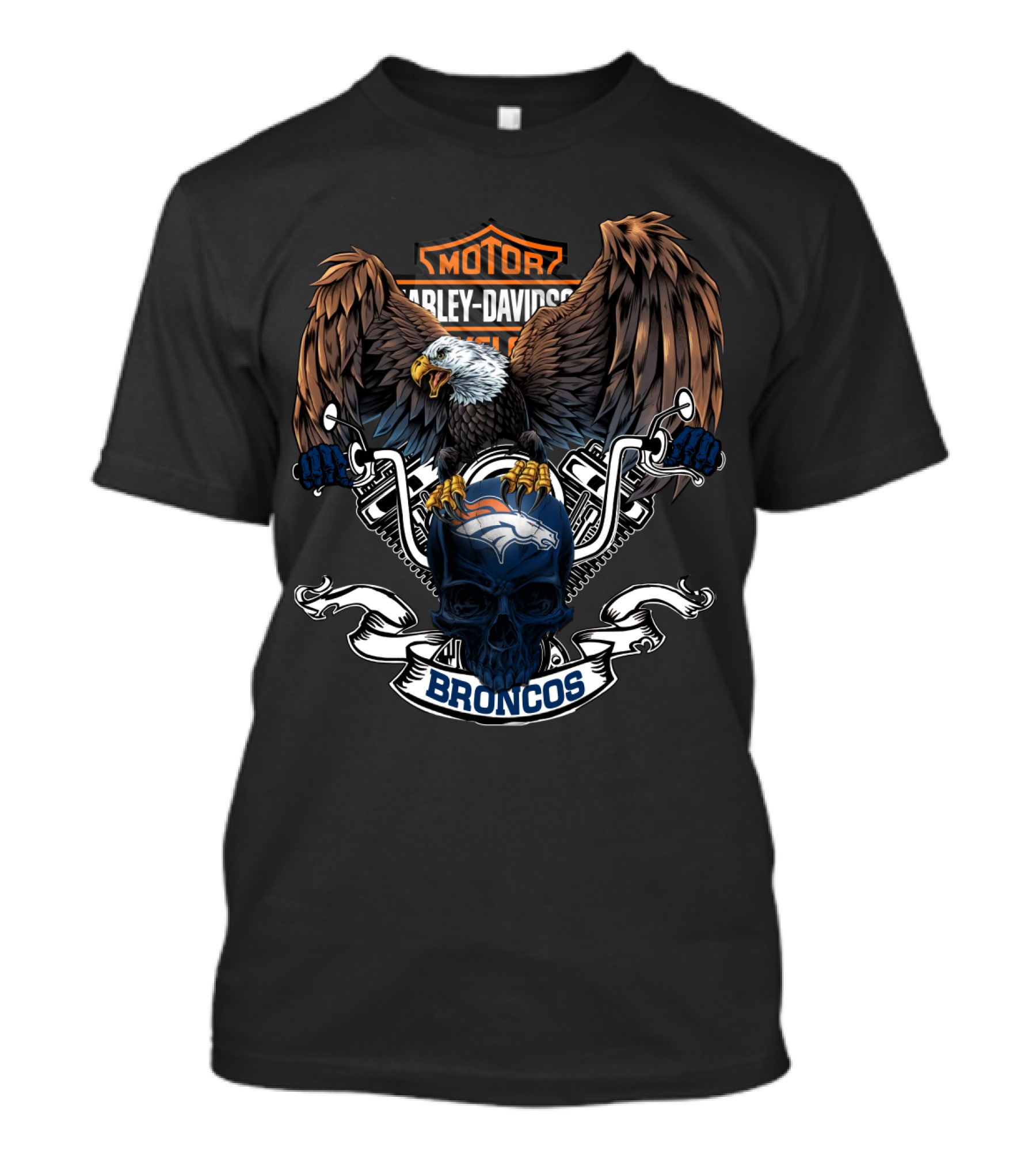 Motor Harley Davidson Eagle Nfl Denver Broncos Skull T-Shirt