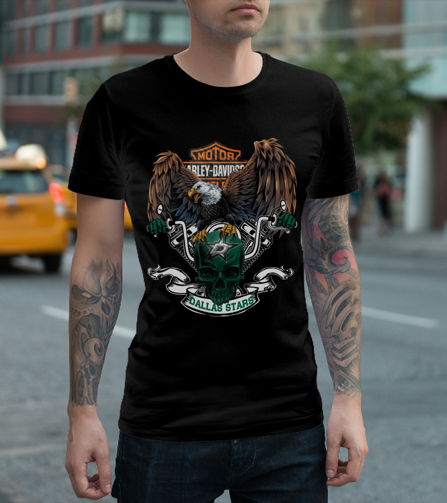 Harley Davidson Motorcycles Bald Eagle Dallas Stars Nhl Hockey Skull T-Shirt